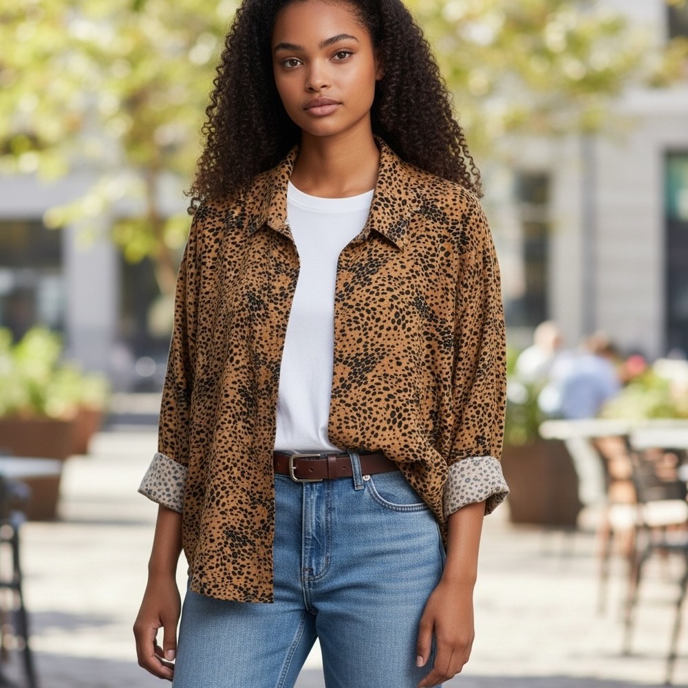 Intimately Free People Leopard Animal Print Button Down Shirt Brown Black M‎